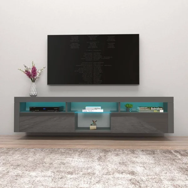 Meble Furniture & Rugs Bari 200 Wall Mounted Floating 79x22 TV Stand with 16 Color LEDs - White