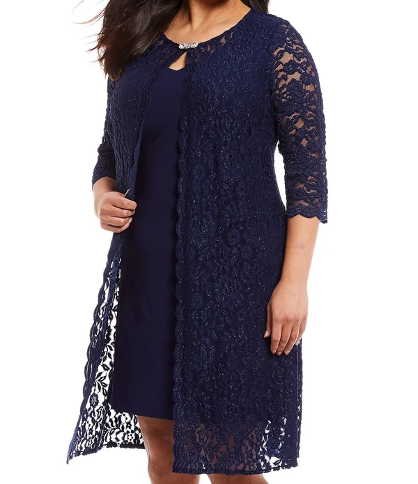 Alex Evenings Women's Plus Size Lace Mock Jacket Cocktail Dress (16W, Navy)