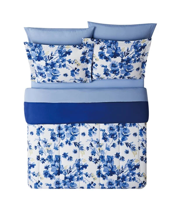 PEM America Blue Watercolor Floral Full 8pc Comforter Set - Blue