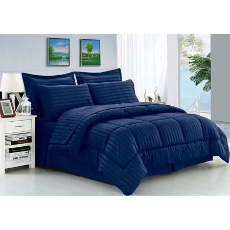 Elegant Comfort 8 Pieces Bed in A Bag Stripe Pattern Comforter Set - Full/Queen - Navy Blue
