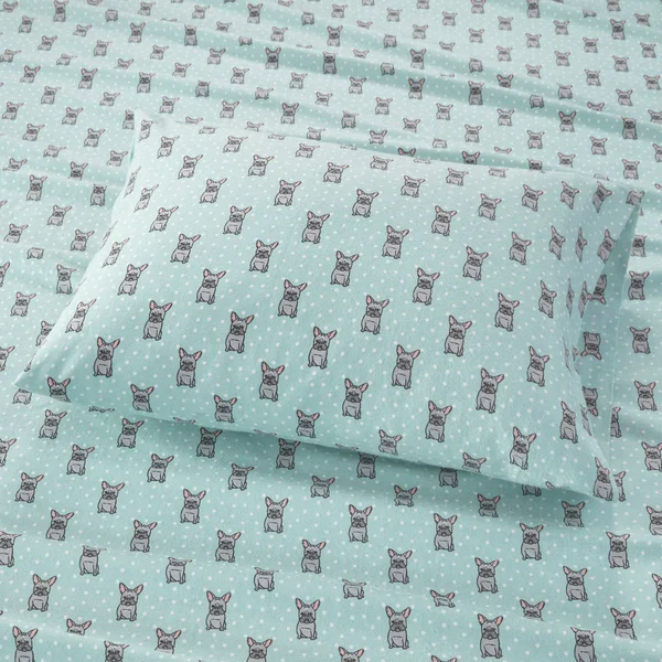 True North by Sleep Philosophy Cozy Flannel Sheet Set Aqua French Bulldog, Cal King