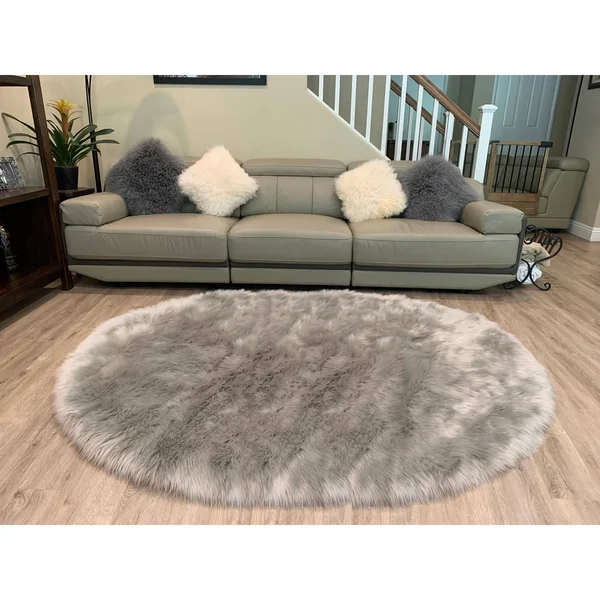Ovella Home Premium Faux Sheepskin Plush Shag Oval Area Rug - White - 5' x 8'