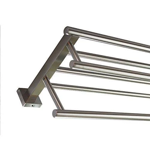Premium Modern Double Hanging Quadruple Towel Bar Rack W Square Base 24 Inches Brushed Finish Stainless Steel