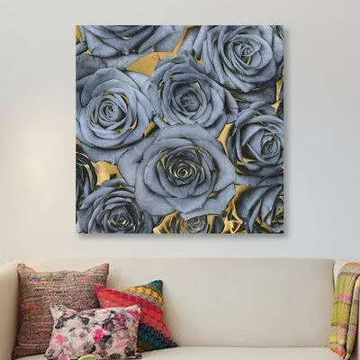 &Roses - Blue on Gold& Graphic Art Print on Canvas House of Hampton Size: 48x22 H x 48x22 W x 1.5x22 D