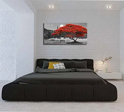 Arjun Canvas Wall Art Painting Red Tree Lake Moon Picture One Panel Extra Large size - Modern Panoramic Landscape Artwork Prints