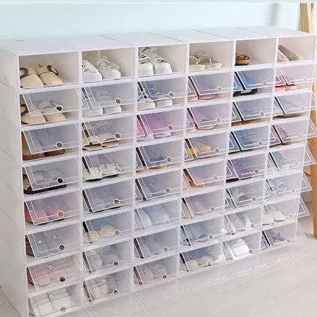 12pcs Thicken Shoes Box Transparent Stackable Shoes Storage Box Plastic Shoe Container - Size S (White) - Size: 21.3