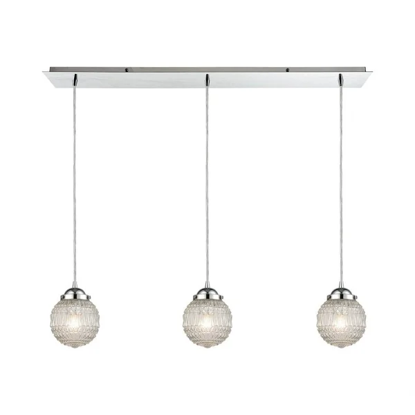 Round Globe Linear Pendant Light - Three Light Linear Mini Pendant with Clear Patterned Glass Globes - Silver