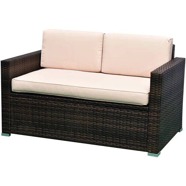 Outsunny 4-Piece Cushioned Patio Furniture Set, with 2 Chairs, Sectional, and Glass Coffee Table, Rattan Wicker, Brown
