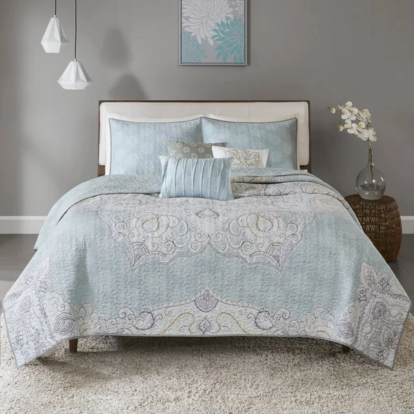 Madison Park Lucinda 6 Piece Reversible Cotton Sateen Coverlet Set Blue King/Cal King