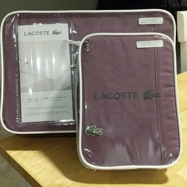 Lacoste 100% Cotton Percale Sheet Set - Solid, Plum, Full