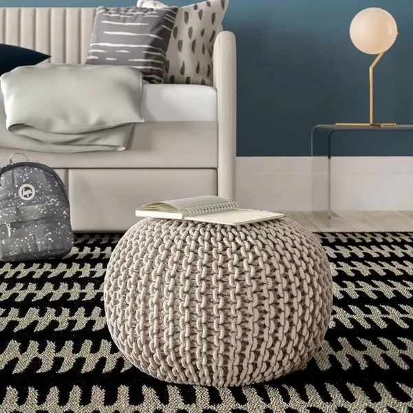 Pouf Ottoman Cotton Rope - Off White, 16-inch, 18 x 18 x 16
