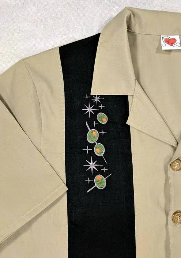 Mens Bowling Shirt - Cocktail, Martini, Lounge Lizard, Retro, Rockabilly, Embroidered