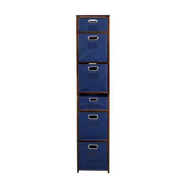 Fairway 67x22 Square Folding Bookcase with Folding Fabric Bins- Mocha Walnut/Blue