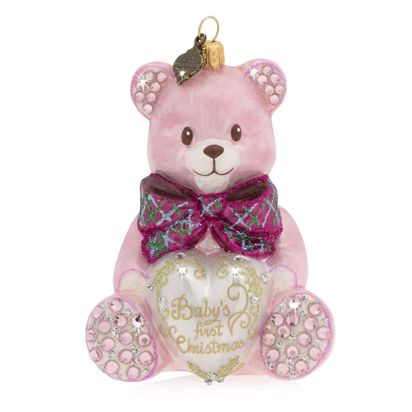 Jay Strongwater Baby&s First Christmas Teddy Glass Ornament - Pink