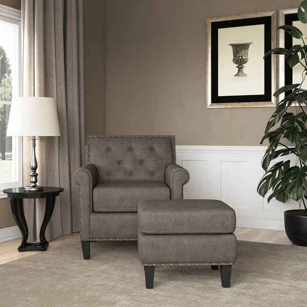 Gracewood Hollow Grantley Button Tufted Rolled Arm Chair and Ottoman - Saddle Brown