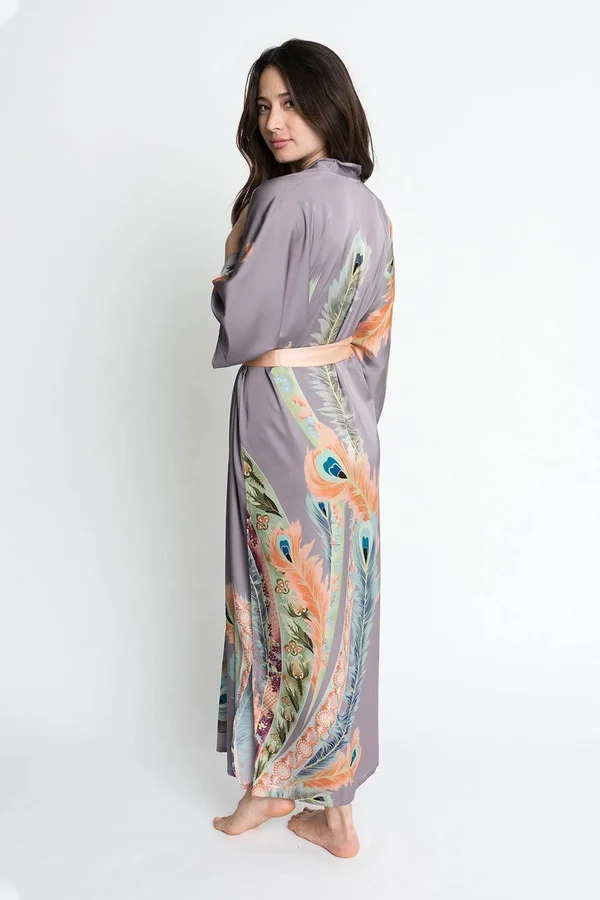 Peacock Feather Kimono Robe - Long - KIM + ONO white, one size