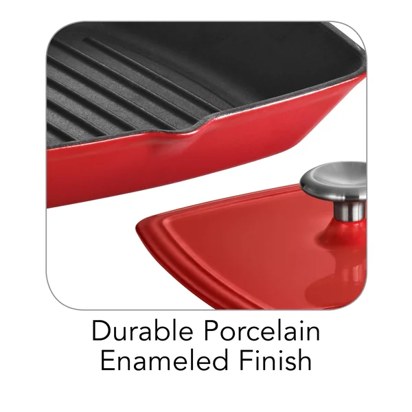 Tramontina Gourmet Enameled Cast Iron 11 in Grill Pan with Press - Red