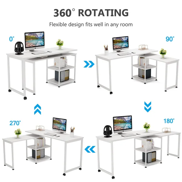 55 inch Corner Computer Desk, Reversible L-Shaped Desk 360癛otating - Black