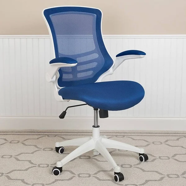 Offex Mid Back Mesh Swivel Ergonomic Task Office Chair with White Frame and Flip Up Arms - Blue