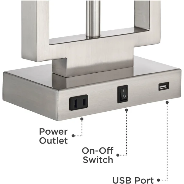 Possini Euro Design Modern Table Lamp with USB Outlet Reading Light LED Brushed Nickel Rectangular Off White Shade Bedroom Offic