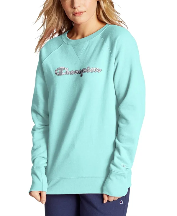 Champion Women's Powerblend Fleece Crew - Chainstitch Logo Amazing Aqua, M