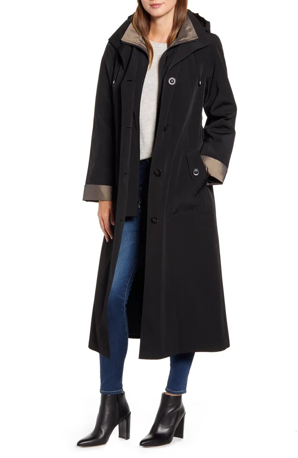 Women's Gallery Full Length Two-Tone Silk Look Raincoat, Size Medium - Black