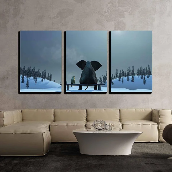 Wall26 3 Piece Canvas Wall Art - Elephant and Dog at Christmas Night - Modern Home Decor Stretched and Framed Ready to Hang - 16