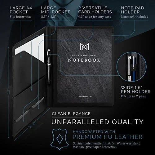 Nero MANETTI- Leather Portfolio Folder - Business PU Leather Portfolio Notepad Holder for Resumes - Legal Pad Portfolio Executive