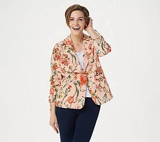 Susan Graver Printed Peachskin Blazer with Ruched Sleeves - Size Plus 18, Peach