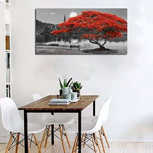 Arjun Canvas Wall Art Painting Red Tree Lake Moon Picture One Panel Extra Large size - Modern Panoramic Landscape Artwork Prints