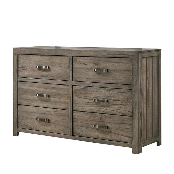 Benzara Wooden Six Drawer Dresser with Natural Grain Finish, Gray