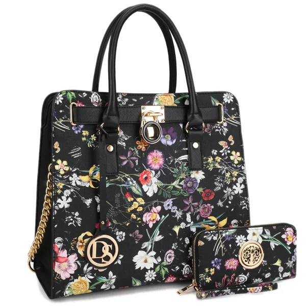 Dasein Large Flower Print Satchel with Matching Wallet White, Women's