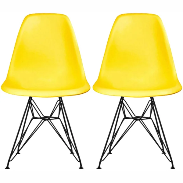 2xhome Set of 2 Modern Color Seat Height Dsw Molded Armless Plastic Dining Room Chairs Black Wire Eiffel Dowel Legs - Yellow