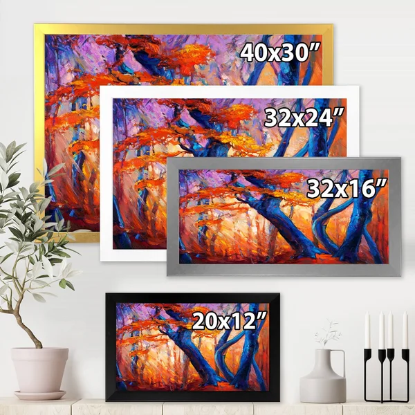 Designart 'Blue Silhouettes of Trees in Orange Autumn Forest' Farmhouse Framed Art Print - 40 in. Wide x 30 in. High - Black