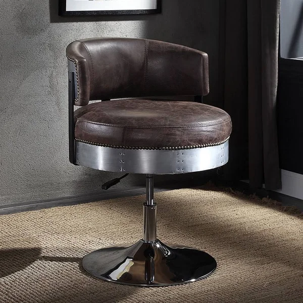 Acme Brancaster Adjustable Chair with Swivel, Distress Chocolate Top Grain Leather and Chrome