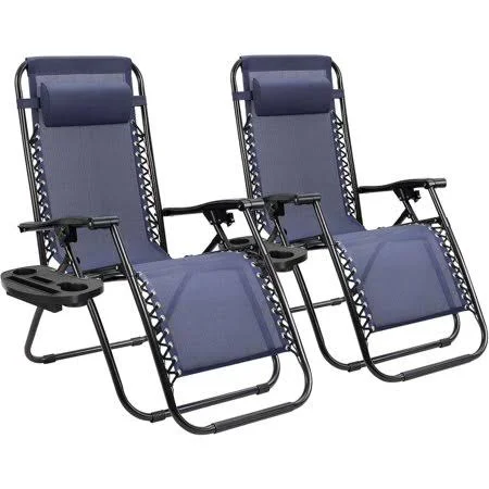 Walnew 2 Pieces Blue Patio Zero Gravity Chair Camp Reclining Lounge Chairs Outdoor Lounge Patio Chair with Adjustable Pillow
