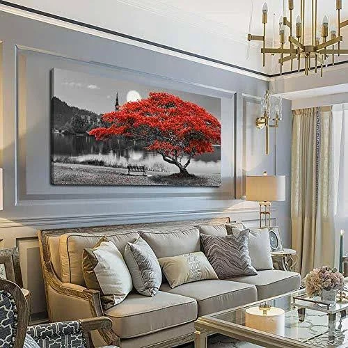 Arjun Canvas Wall Art Painting Red Tree Lake Moon Picture One Panel Extra Large size - Modern Panoramic Landscape Artwork Prints
