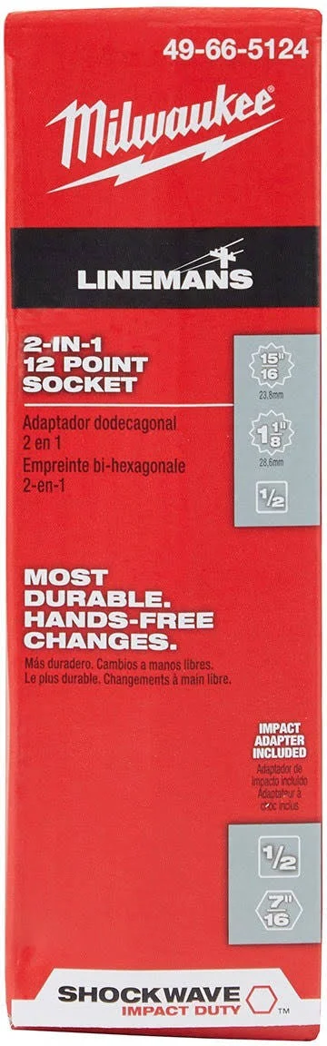 Milwaukee 49-66-5124 Shockwave Lineman&s 12pt 15/16-Inch & 1 1/8-Inch 2-in-1 Socket