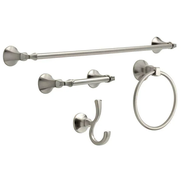 Delta Mandara 4-pc. Bath Hardware Set in SpotShield Brushed Nickel with Towel Ring, Toilet Paper Holder, 24x22 Towel Bar & H