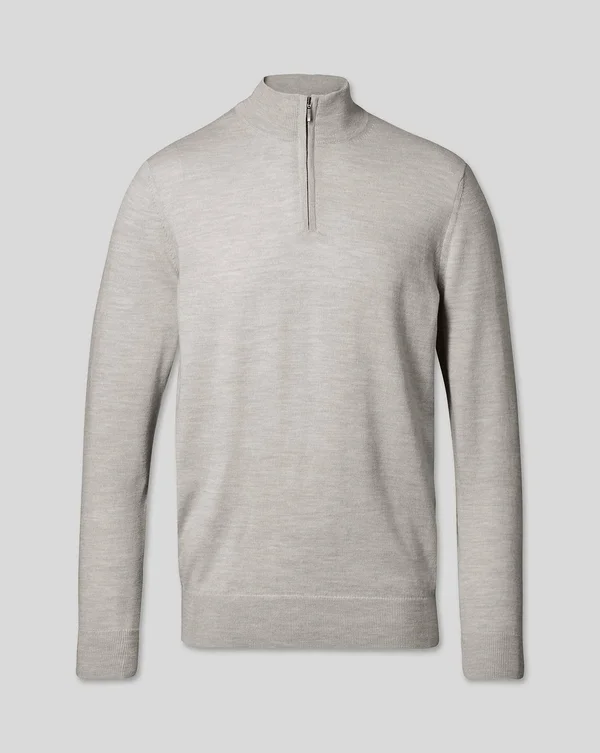 Merino Zip Neck Wool Sweater - Silver