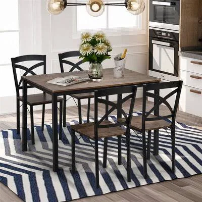 5-Piece Industrial Wooden Dining Set with Metal Frame and 4 Ergonomic Chairs 17 Stories Table Top Color: Brown, Chair Color: Bro