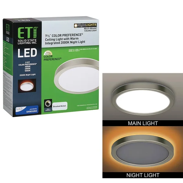 ETI 7.5 in. Brushed Nickel Round Color Selectable CCT LED Flush Mount with Night Light Feature Ceiling Light 800 Lumens 56568116