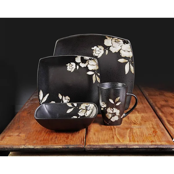 Gibson Elite Lanark 16 Piece Square Dinnerware Set, Black