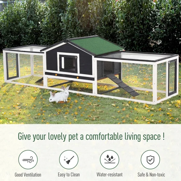 PawHut 2-Story Large Wooden Rabbit Hutch Pet House with Ramps - Lockable Doors, Run Area and Asphalt Roof for Outdoor Use