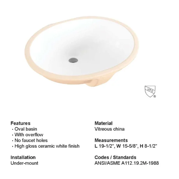 White Ceramic Oval Undermount Bathroom Sink with Overflow Winfield Products 1916