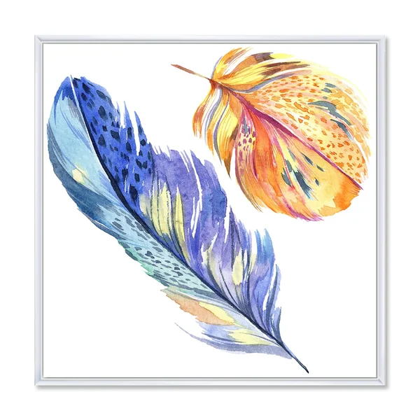 Designart &Colorful Blue Bird Feather from Wing& Bohemian & Eclectic Framed Canvas Wall Art Print - 30 in. Wide x 30 in. Hig