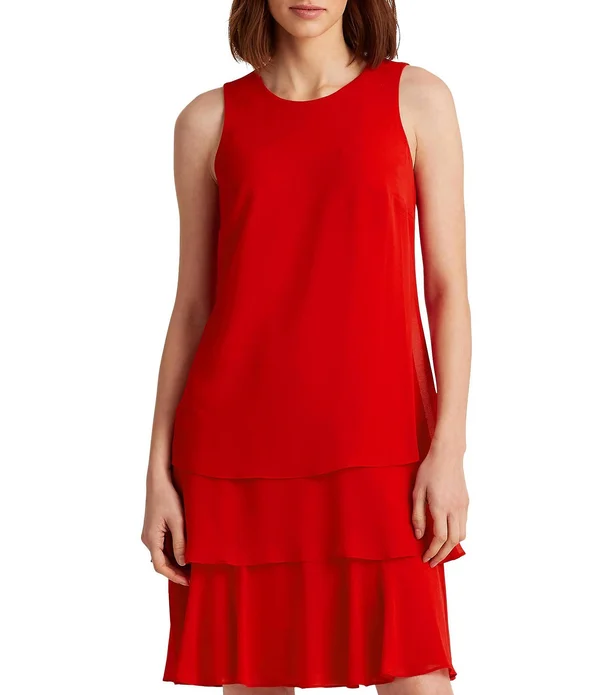 Lauren Ralph Lauren Georgette Layered Hem Sleeveless Shift Dress, Womens, 10, Red