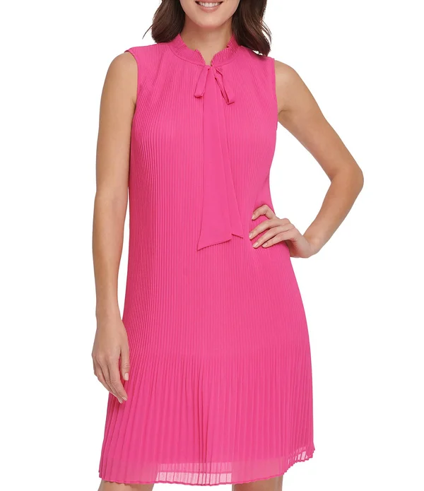 Dkny Sleeveless Pleated Tie Neck Shift Dress - Black