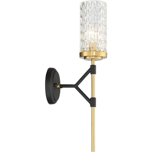 Possini Euro Design Darin Modern Wall Light Sconce Black Brass Hardwired 19x22 High Fixture Faceted Cylindrical Glass for Bedroo