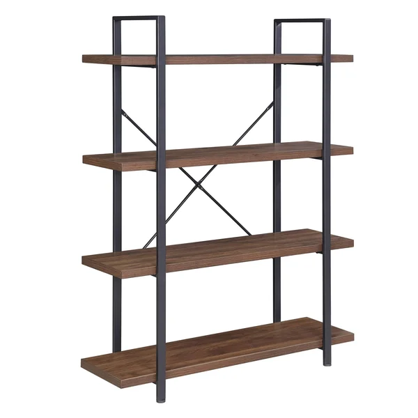 BELLEZE Bookshelf Open Wide Office Etagere Wood & Metal Bookcases - Dark Walnut - 5 Shelves
